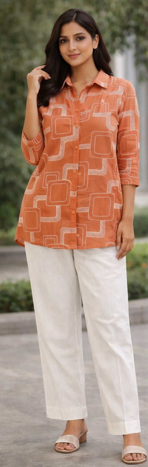 Rust orange printed shirt set
