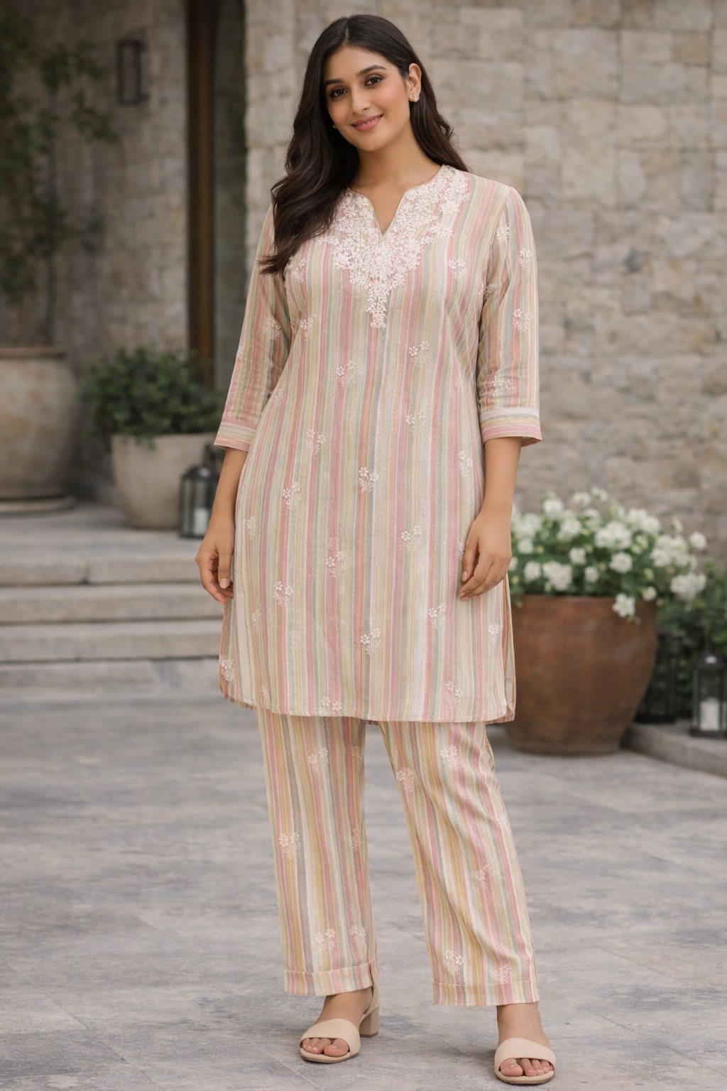 Beige striped kurta set