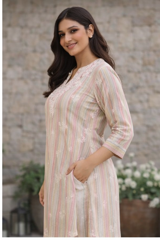 Beige striped kurta set